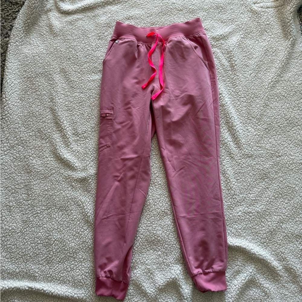 Figs Women's chalk pink Cargo Jogger Pants with Hot Pink Drawstring